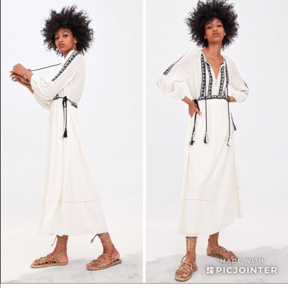 Zara Embroidered Woven Cotton Boho Long Sleeve Tassel Midi Dress
